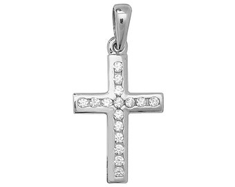 9ct White Gold Cross Pendant – Cubic Zirconia, 1.6cm