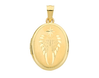 9ct Yellow Gold 19x15mm Oval Shaped Engraved Guardian Angel Wings Locket - Real 9K Gold