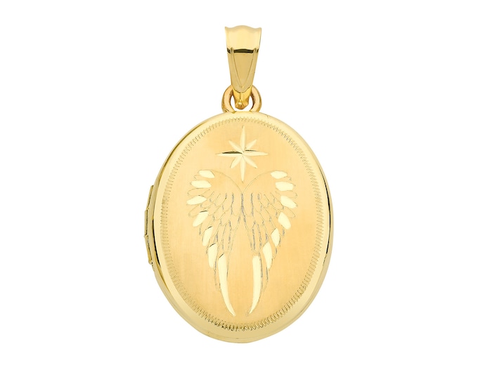 9ct Yellow Gold 19x15mm Oval Shaped Engraved Guardian Angel Wings Locket - Real 9K Gold