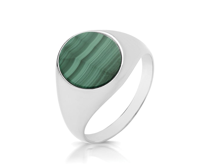 925 Sterling Silver 14x12mm Oval Green Malachite Signet Ring With Plain Sides