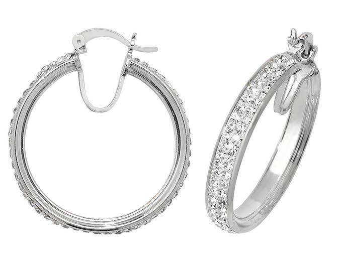 925 Sterling Silver Two Row 25mm Diamante Crystal Pave Set Hoop Earrings