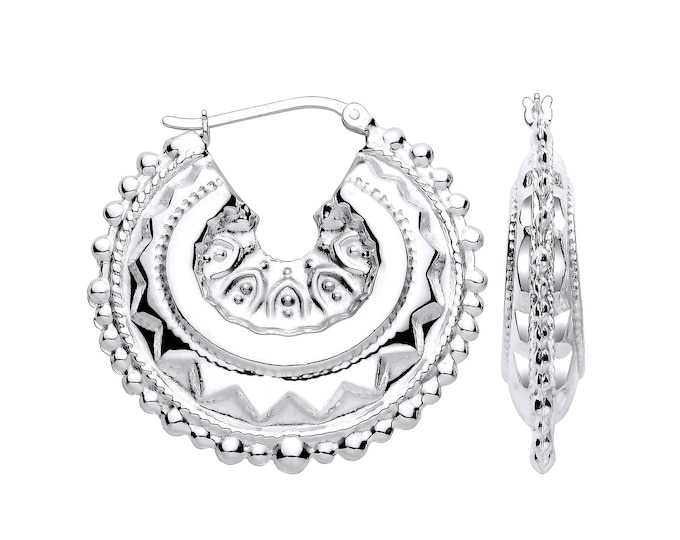 925 Sterling Silver 35mm Hollow Gypsy Creole Beaded Edge Hoop Earrings