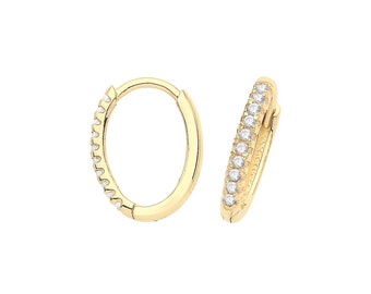 9ct Yellow Gold Half Cz 10x8mm Oval Hinged Clickers Hoop Earrings - Real 9K Gold