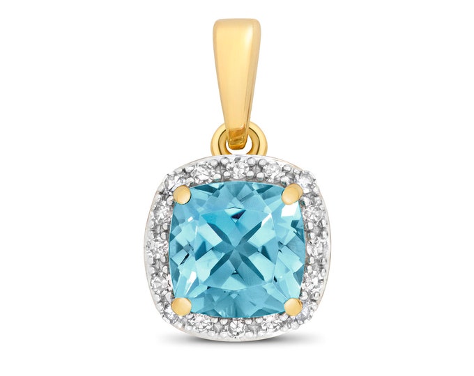 9ct Yellow Gold 0.08ct Diamond 6mm Cushion Cut Swiss Blue Topaz Pendant - Real 9K Gold