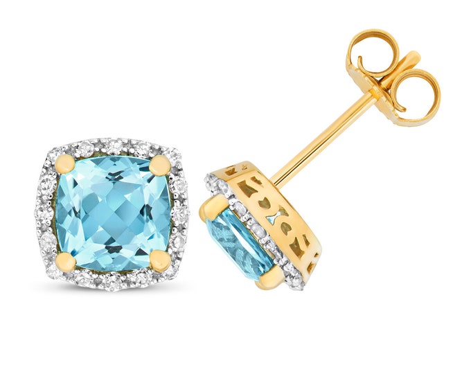 9ct Gold 0.16ct Diamond & Cushion Cut Swiss Blue Topaz 6mm Stud Earrings - Real 9K Gold