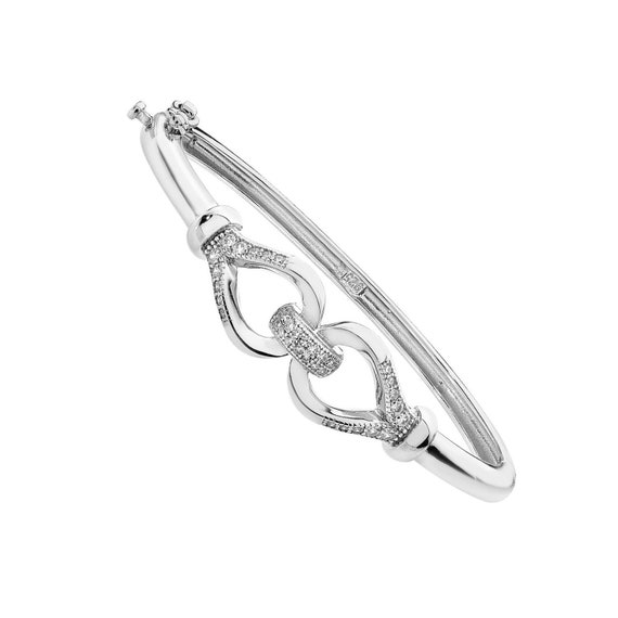 Ladies 925 Sterling Silver Cz Oval Bow Knot Hinged Bangle