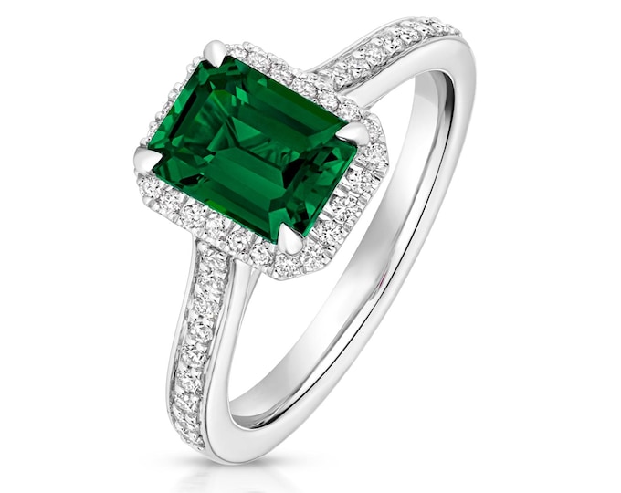 Lab Grown 1.20ct Green Emerald & Diamond Engagement Ring 925 Sterling Silver
