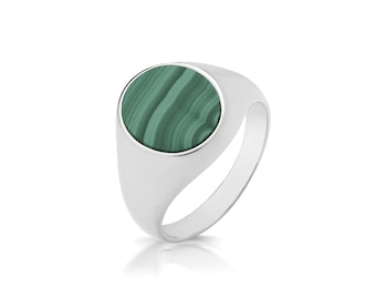 Silver 12x10mm Oval Green Malachite Signet Ring