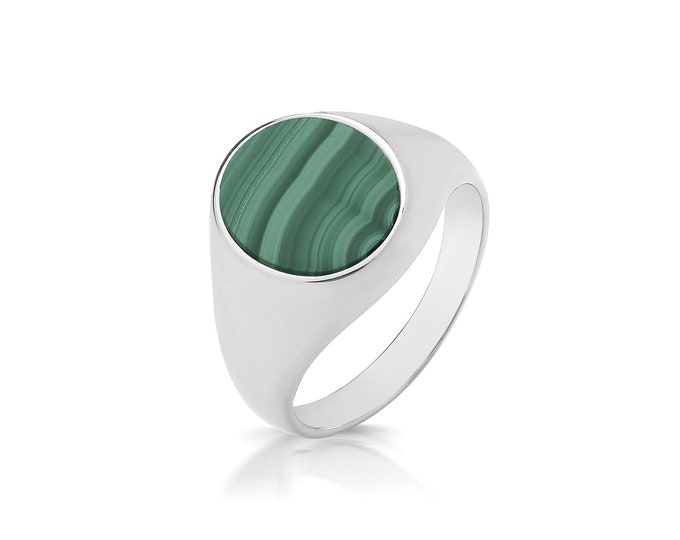 925 Sterling Silver 12x10mm Oval Green Malachite Signet Ring With Plain Sides