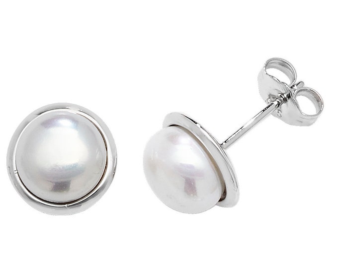 Rhodium Plated 925 Sterling Silver 7mm Freshwater Pearl Stud Earrings