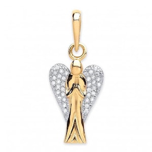 9ct Yellow Gold Guardian Angel Charm Pendant With Pave Set Cz Wings - Real 9K Gold