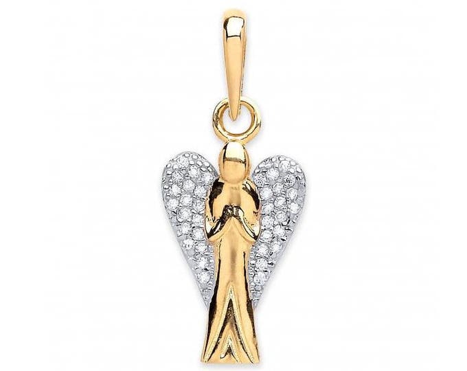 9ct Yellow Gold Guardian Angel Charm Pendant With Pave Set Cz Wings - Real 9K Gold