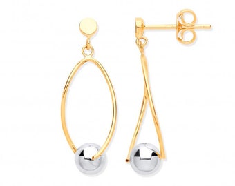 9ct White Gold Ball Suspended on Twisted Oval Gold Hoop Drop Earrings - Real 9K Gold