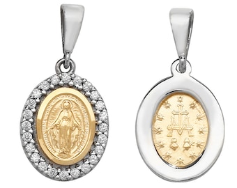 9ct Gold Cz Border Oval Miraculous Madonna Medallion Charm Pendant Hallmarked - Real 9K Gold