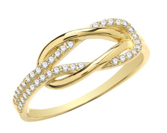 Ladies 9K Yellow Gold Cz Interlocking Knot Ring Hallmarked - Real 9K Gold