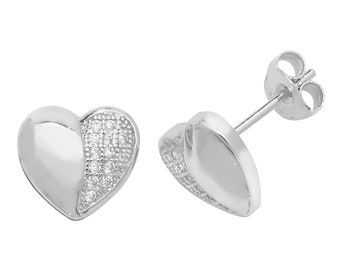 925 Sterling Silver 8mm Half Pave Cz Heart Stud Earrings