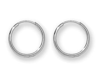 Small 9ct White Gold 10mm Diameter Sleeper Hoop Earrings - Real 9K Gold