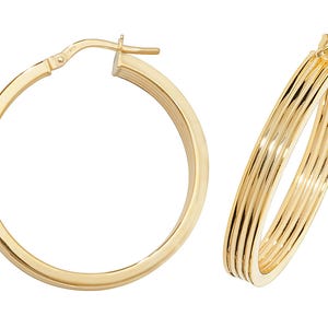 9ct Yellow Gold Flat Ribbed Hollow Hoop Earrings 10mm 15mm 20mm 25mm 30mm 40mm 50mm - Real 9K Gold