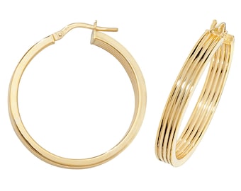 9ct Yellow Gold Flat Ribbed Hollow Hoop Earrings 10mm 15mm 20mm 25mm 30mm 40mm 50mm - Real 9K Gold