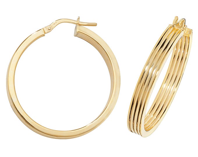 9ct Yellow Gold Flat Ribbed Hollow Hoop Earrings 10mm 15mm 20mm 25mm 30mm 40mm 50mm - Real 9K Gold