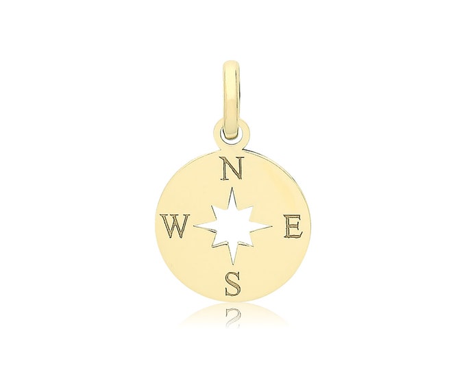 Small 9ct Yellow Gold 9mm Engraved Round Compass Charm Pendant - Real 9K Gold