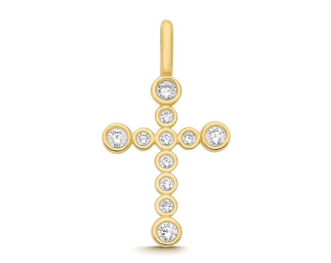 9ct Yellow Gold 15x11mm Cross Charm Pendant Bezel Set With cz Stones - Real 9K Gold