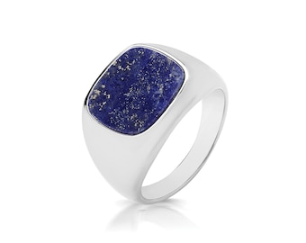 925 Sterling Silver 12x11.5mm Cushion Cut Real Blue Lapis Lazuli Signet Ring With Plain Sides