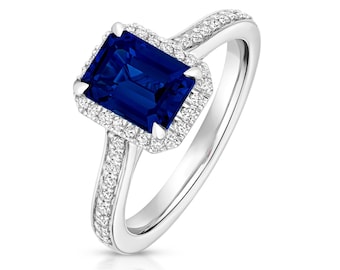 Lab Grown 1.70ct Blue Sapphire & Diamond Cluster Engagement Ring 925 Sterling Silver