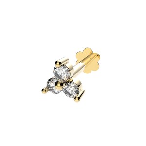 9ct Yellow Gold Trilogy Stone Cz Labret Cartilage 6mm Bar Single Stud Screw Top Earring - Solid 9K Gold