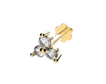 9ct Yellow Gold Trilogy Stone Cz Labret Cartilage 6mm Bar Single Stud Screw Top Earring - Solid 9K Gold