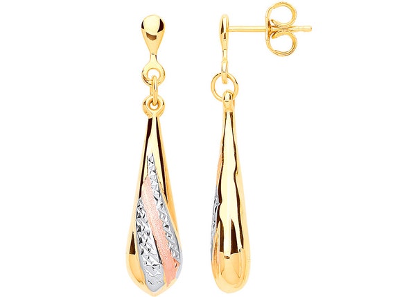 9ct Colour Gold Hollow Teardrop Earrings With Diamond Cut