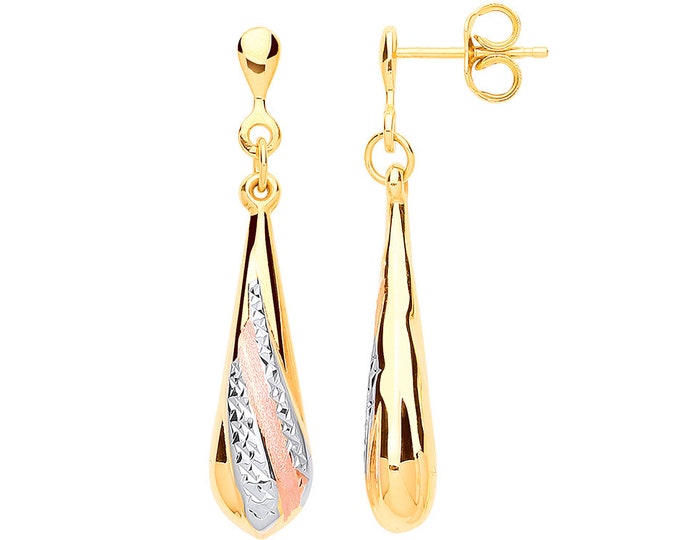 9ct 3 Colour Gold 3.5cm Hollow Teardrop Earrings With Diamond Cut Pattern - Real 9K Gold