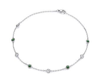 Ladies Sterling Silver Bezel Set Round Green & Clear Cz 10" Anklet Chain Rhodium Plated