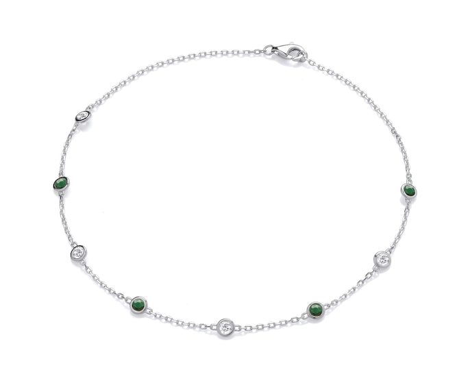 Ladies Sterling Silver Bezel Set Round Green & Clear Cz 10" Anklet Chain Rhodium Plated
