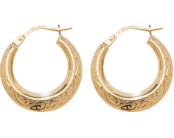 9ct Yellow Gold 12mm Embossed Scroll Creole Hoop Earrings - Real 9K Gold