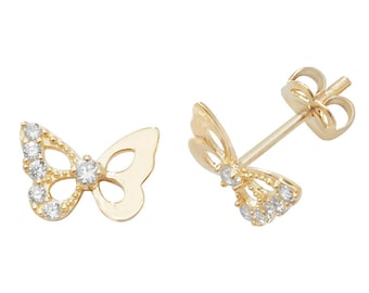 9ct Yellow Gold Pretty Butterfly Stud Earrings With Cz Stones- Real 9K Gold