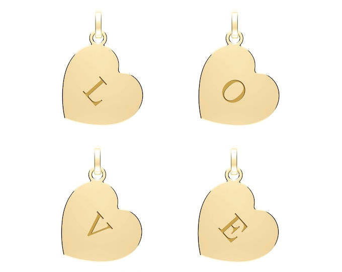 9ct Yellow Gold Small 12mm Heart Engraved Initial Tag Charm Pendant - Solid 9K Gold - Initials A to Z