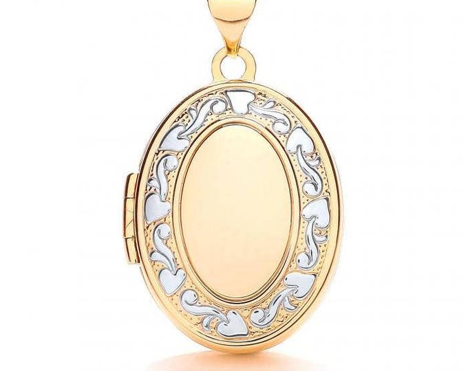 9ct Yellow & White Gold Oval Shaped 4 Photo Family Locket With Embossed Design - Real 9K Gold