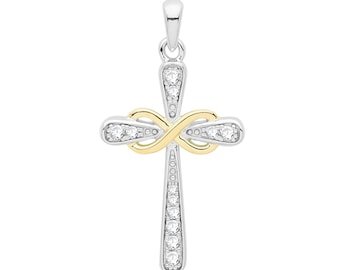 Rhodium & Gold Plated 925 Sterling Silver Pave Cz Infinity Cross Pendant 3x1.5cm