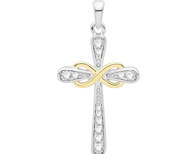 Rhodium & Gold Plated 925 Sterling Silver Pave Cz Infinity Cross Pendant 3x1.5cm