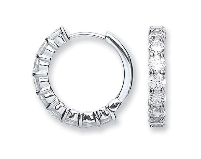 925 Sterling Silver 15mm Diameter Claw Set Cz Hinged Huggies Hoop Earrings