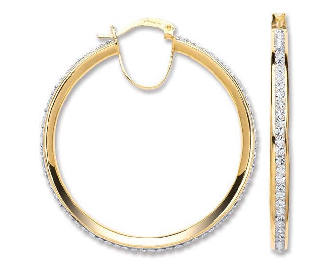 9ct Yellow Gold 30mm Channel Set Crystal Hoop Earrings Hallmarked - Real 9K Gold