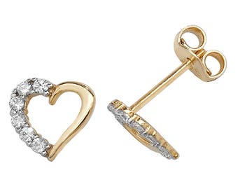 9ct Gold Heart Stud Earrings Claw Set With Cz Stones 6x6mm - Real 9K Gold