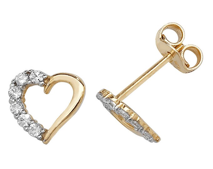 9ct Gold Heart Stud Earrings Claw Set With Cz Stones 6x6mm - Real 9K Gold