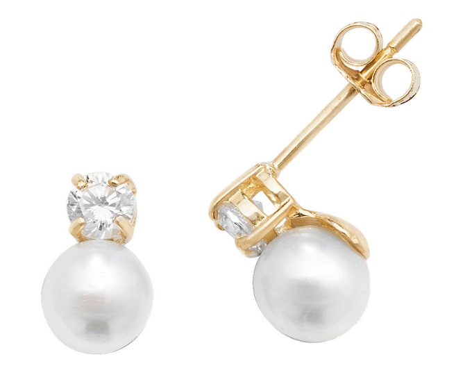 9ct Yellow Gold 3.5mm Freshwater Pearl & Cz Stud Earrings - Real 9K Gold