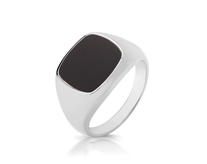 Silver 12x10mm Cushion Cut Black Onyx Signet Ring