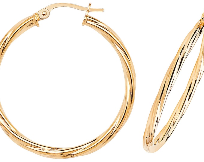 9ct Yellow Gold 25mm Diameter 2mm Twisted Tube Hoop Earrings - Solid 9K Gold