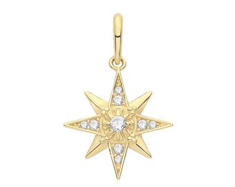 9ct Yellow Gold Cz Cluster Set 12mm Eight Point Star Design Charm Pendant - Real 9K Gold