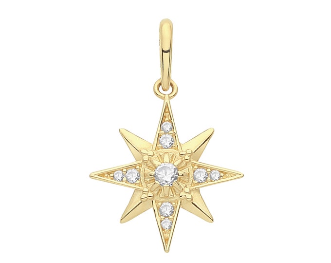 9ct Yellow Gold Cz Cluster Set 12mm Eight Point Star Design Charm Pendant - Real 9K Gold