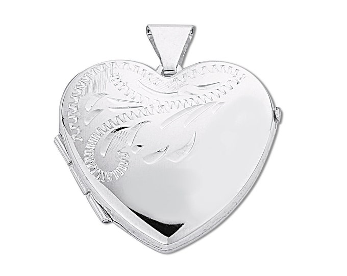 925 Sterling Silver 20mm Half Engraved Pattern 2 Photo Heart Shaped Locket